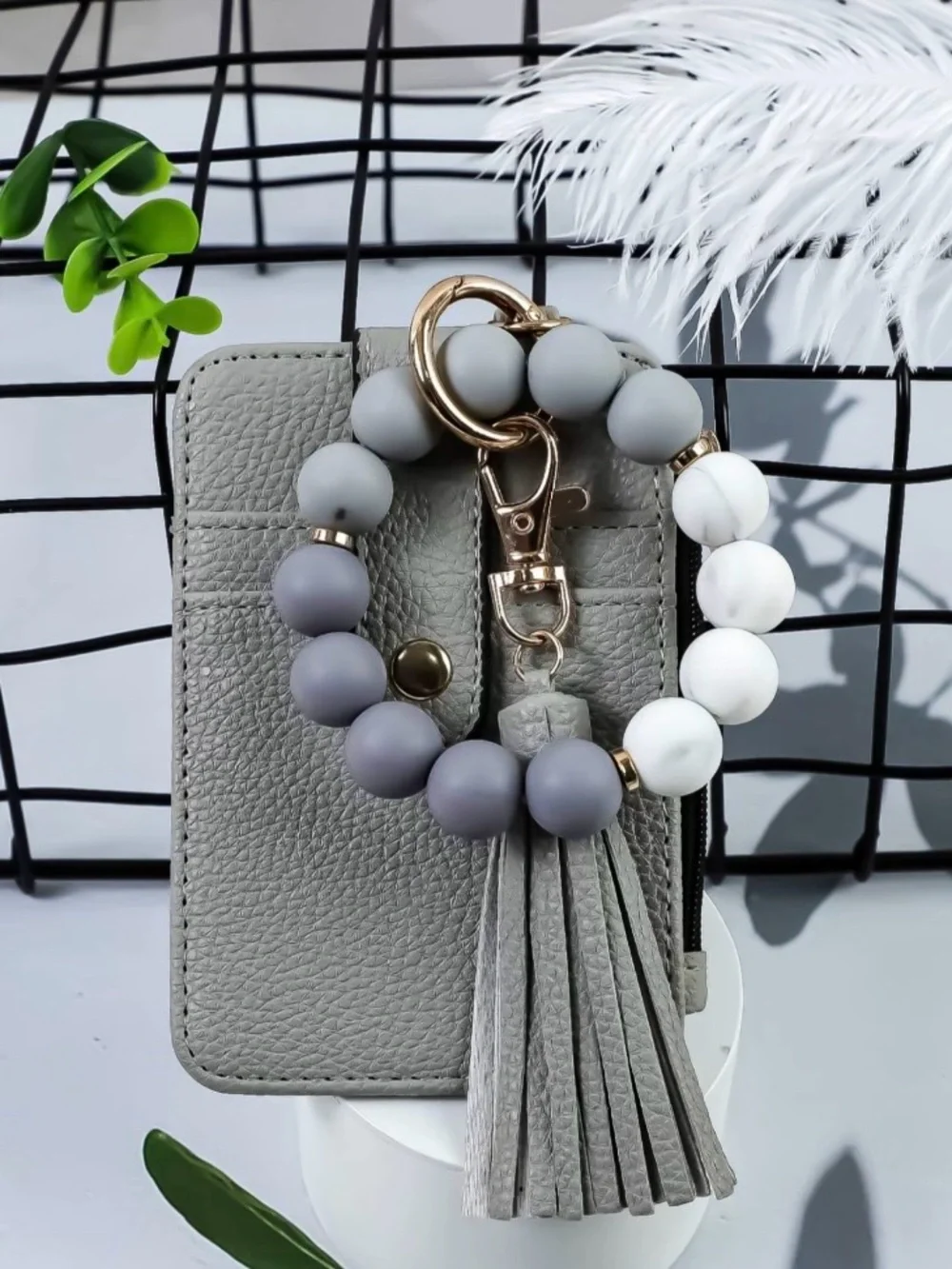 Grey Beaded Wristlet Keychain with Tassel